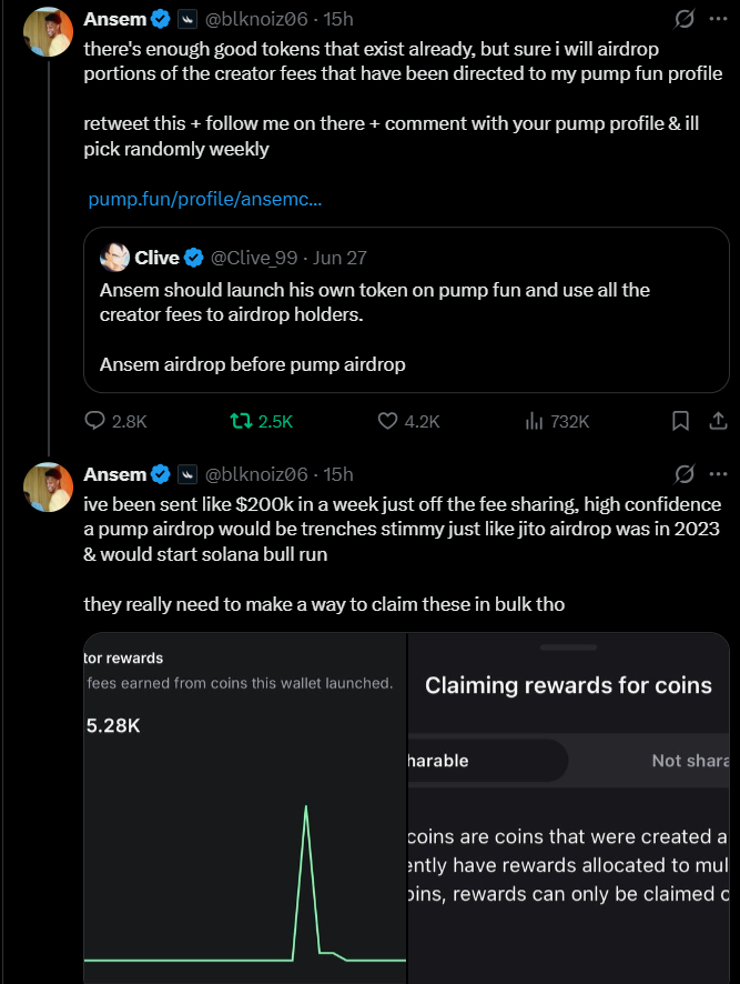 Ansem: I will airdrop portions of the creator fees from my pump.fun profile.