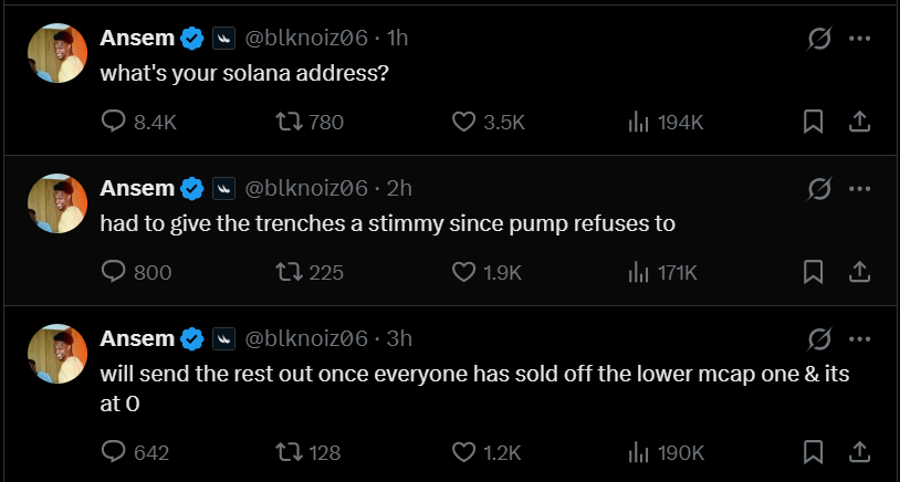 Ansem: what's your solana address? had to give the trenches a stimmy.